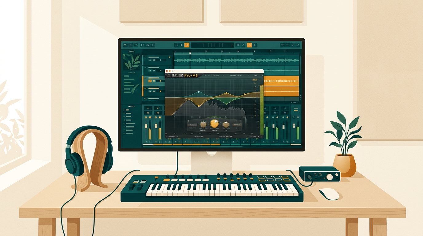 a music producer's desk with a MIDI keyboard, headphones, and a computer screen displaying a complex digital audio workstation project with the FabFilter Pro-MB plugin open