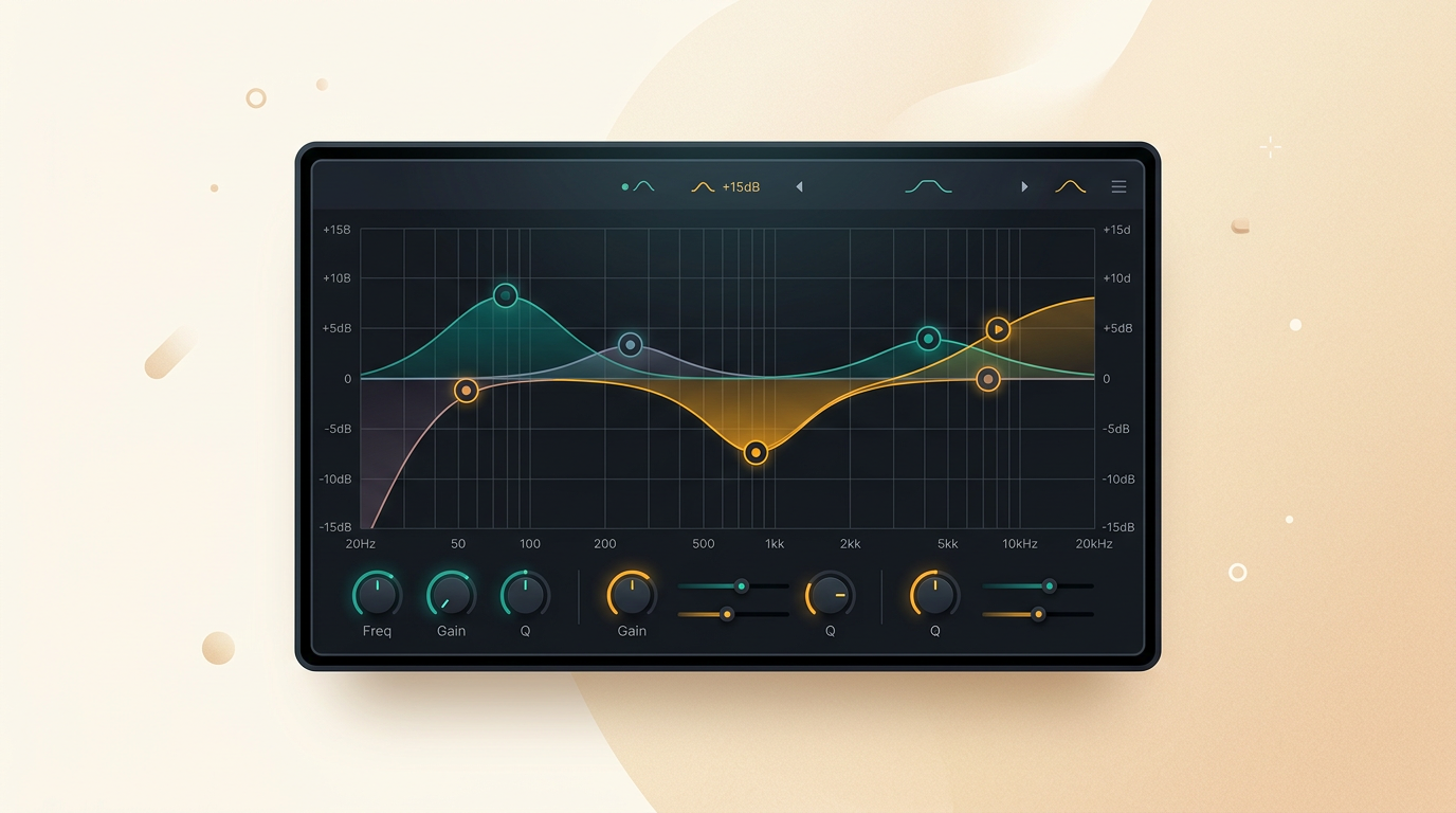 a clean, futuristic user interface of a digital audio equalizer plugin, showing colorful frequency curves and control points on a dark background, abstract and minimalist