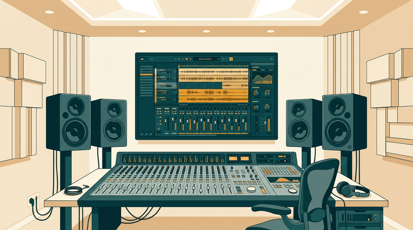 a wide shot of a professional sound mixing studio control room, a large monitor displays a complex audio project, with mixing console and speakers, sophisticated and clean environment