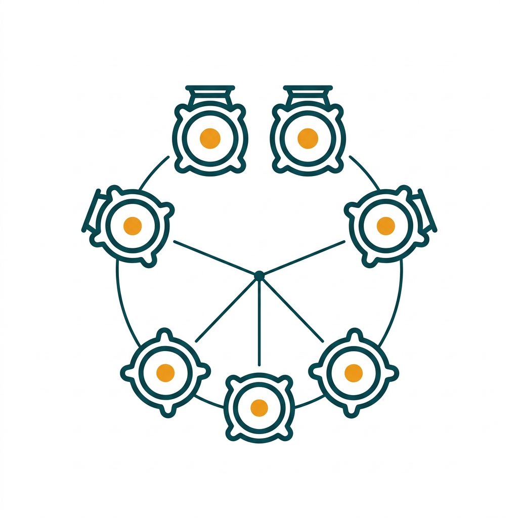 a schematic of seven speakers arranged in a circle with two above, representing a surround sound setup