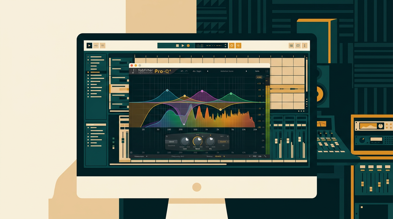 a detailed shot of a digital audio workstation on a large monitor, showing the vibrant frequency spectrum of the FabFilter Pro-Q 4 plugin, with a dark, professional studio background