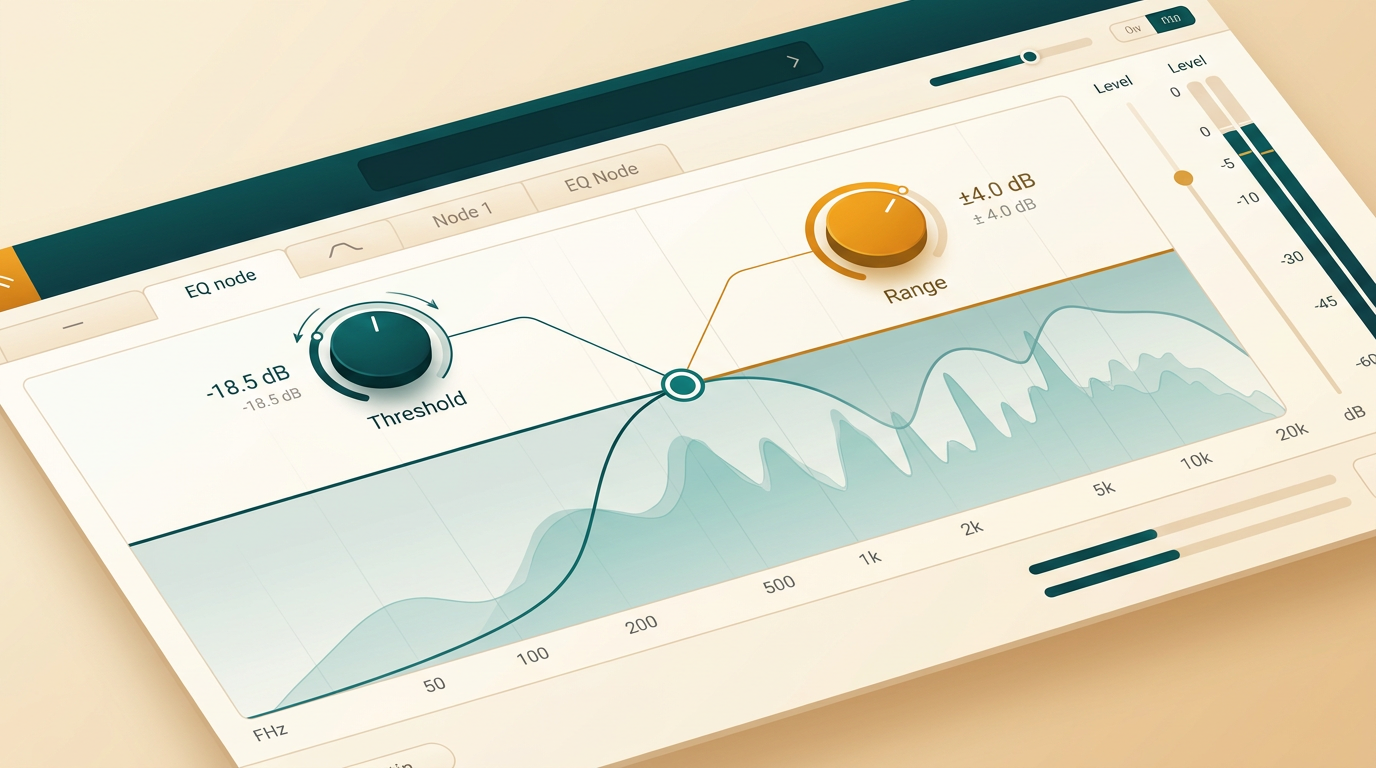 a close-up macro view of the dynamic EQ controls within the FabFilter Pro-Q 4 interface, showing threshold and range knobs being adjusted on a specific frequency band