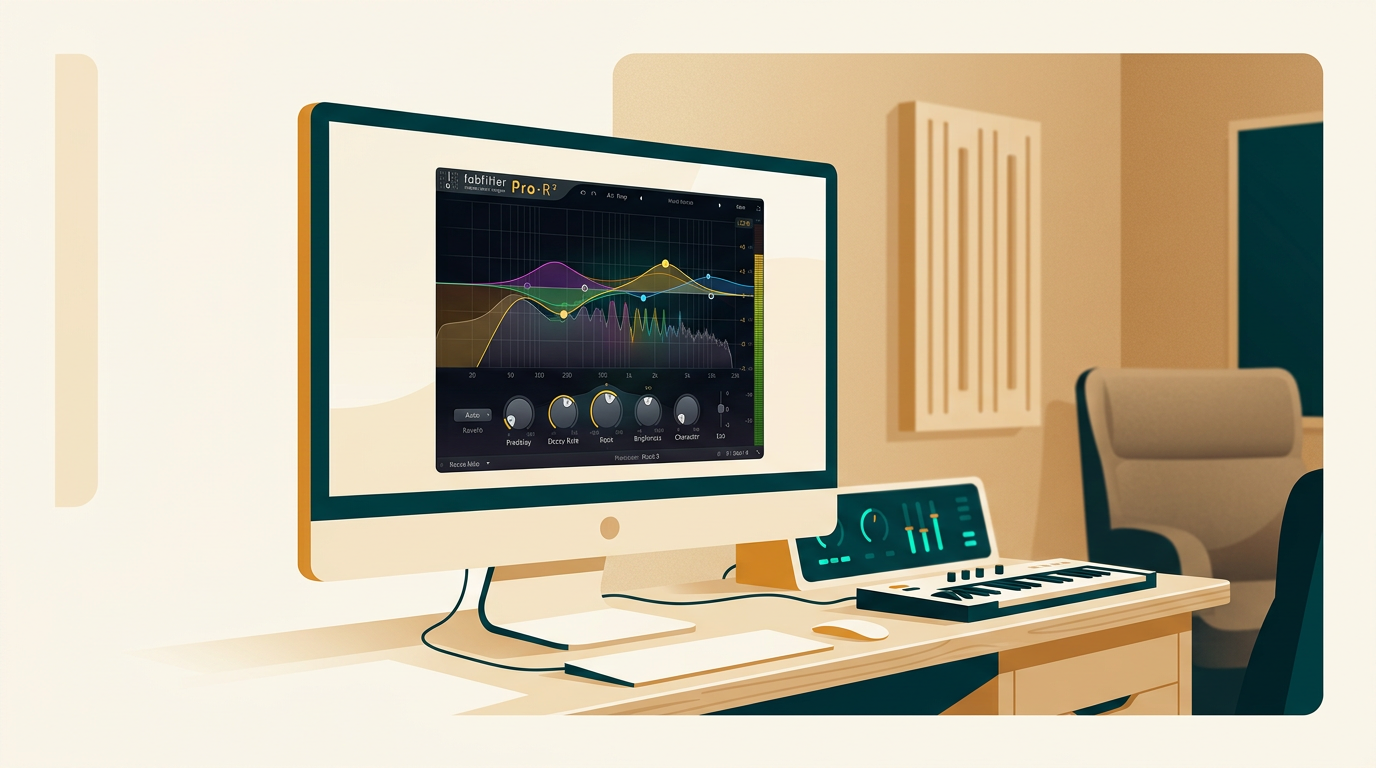 a sleek digital audio workstation interface on a monitor, displaying the FabFilter Pro-R 2 reverb plugin with its vibrant spectrum analyzer and intuitive controls in a modern studio environment