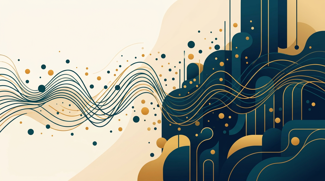 an abstract digital art piece with flowing lines and particles representing sound waves moving through a three-dimensional dark blue and gold space