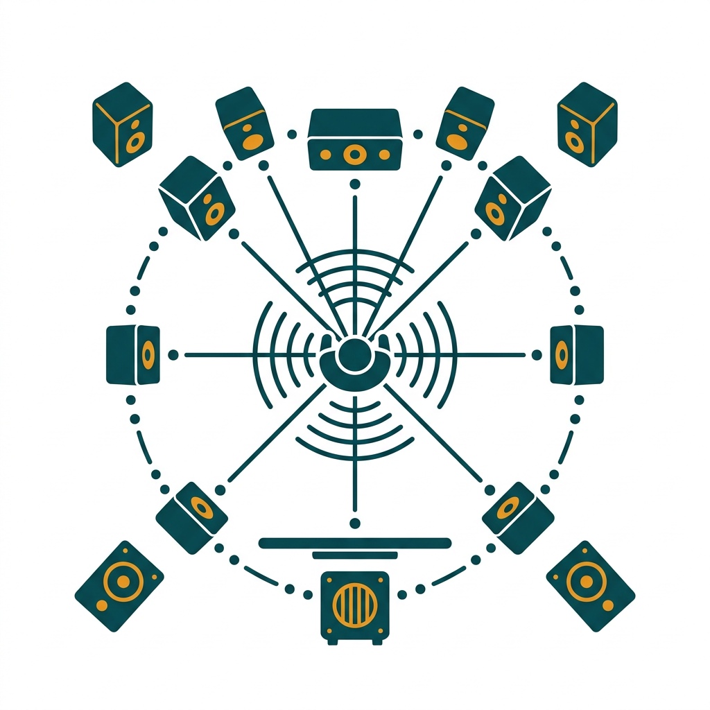 an overhead diagram showing a 7.1.4 speaker layout with sound waves emanating from a central point