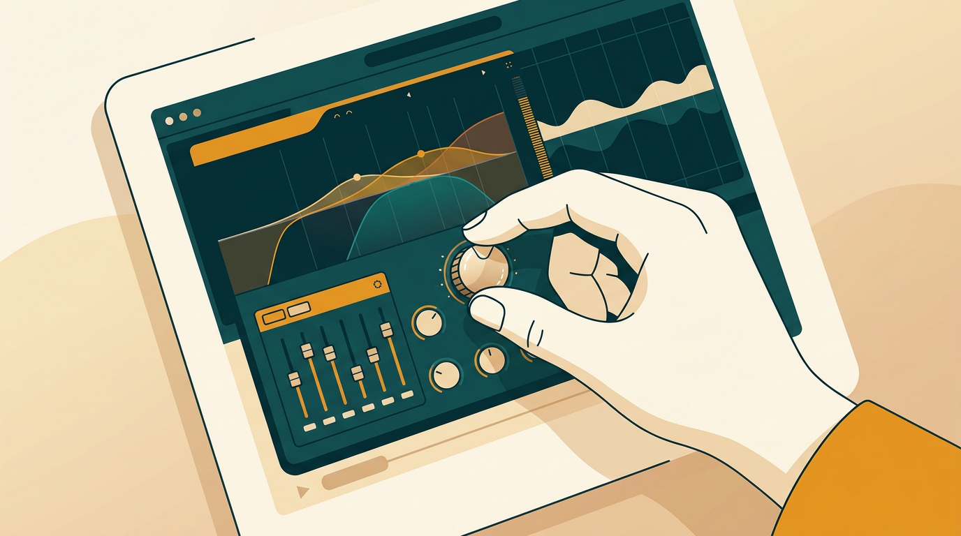 a close-up shot of a music producer's hand adjusting a knob on a digital audio workstation interface, with the FabFilter Saturn 2 plugin visible on screen