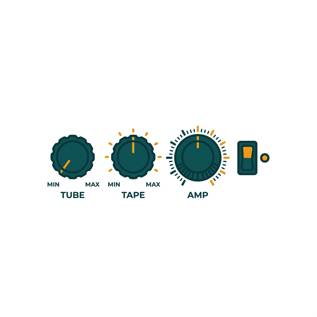 a series of vintage-style knobs for tube, tape, and amp settings
