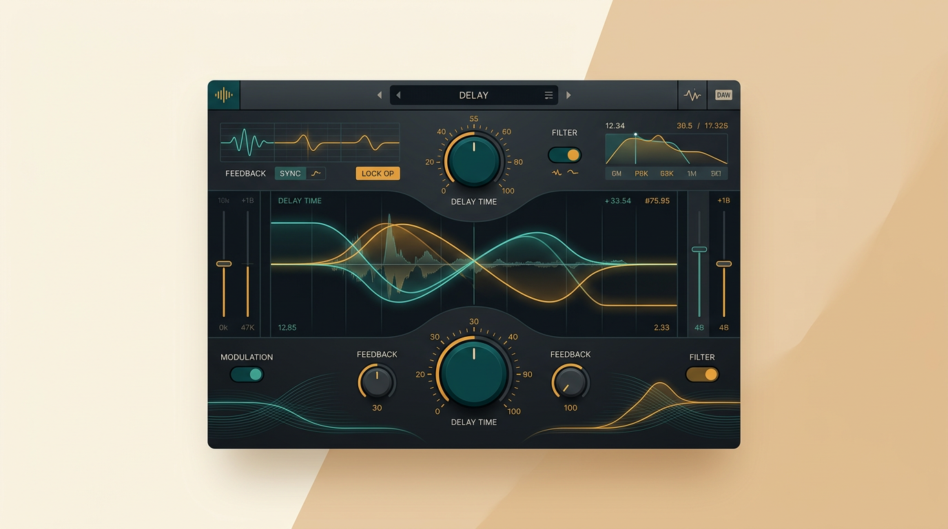 a sleek dark user interface of a digital audio workstation plugin showing complex delay and modulation graphs with glowing lines and a modern, clean layout