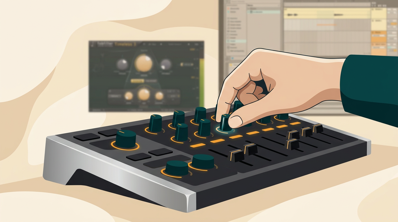 a close-up shot of a music producer's hand adjusting knobs on a midi controller, with a DAW showing the FabFilter Timeless 3 plugin blurred in the background