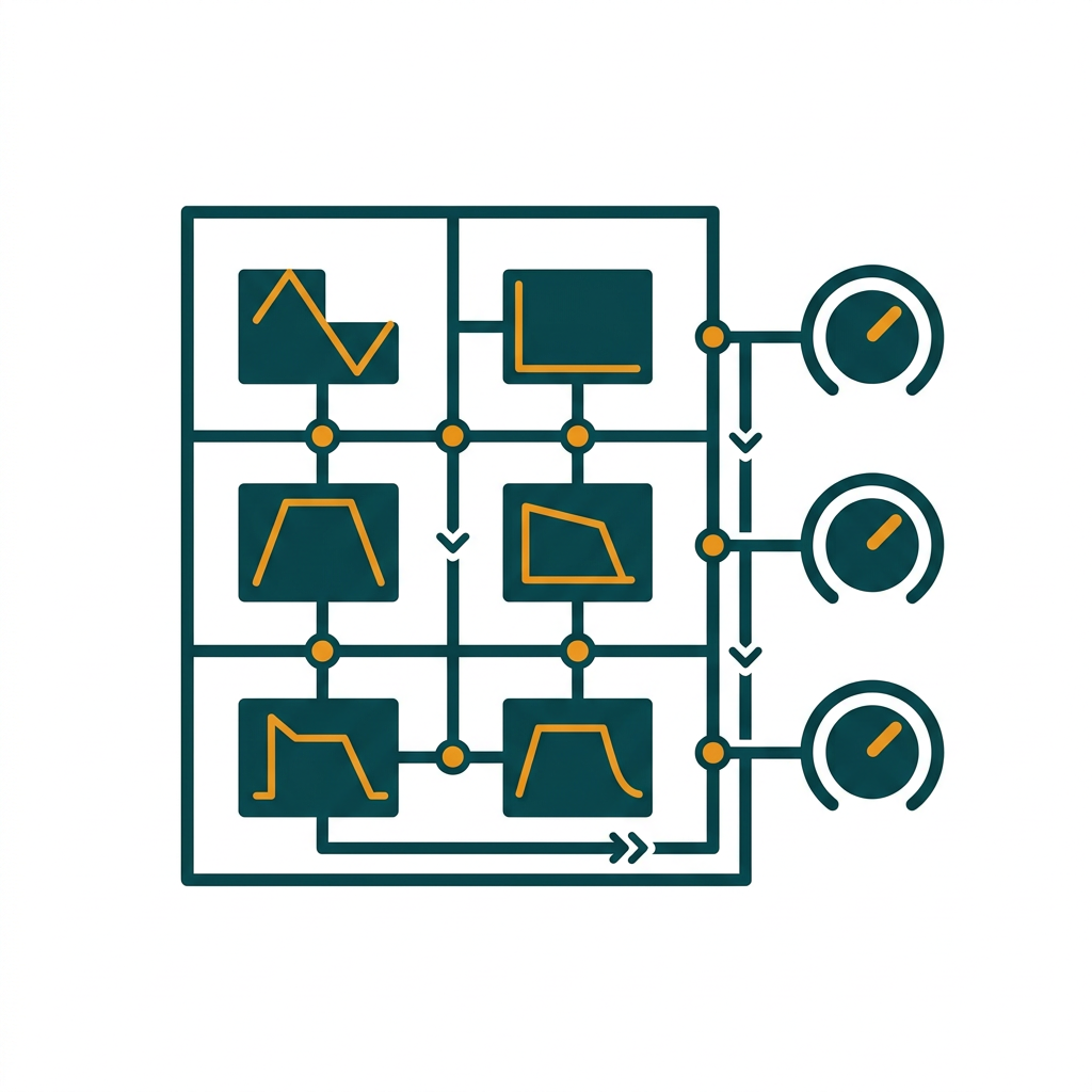 a grid of colorful modulation sources connected by animated lines to various knobs