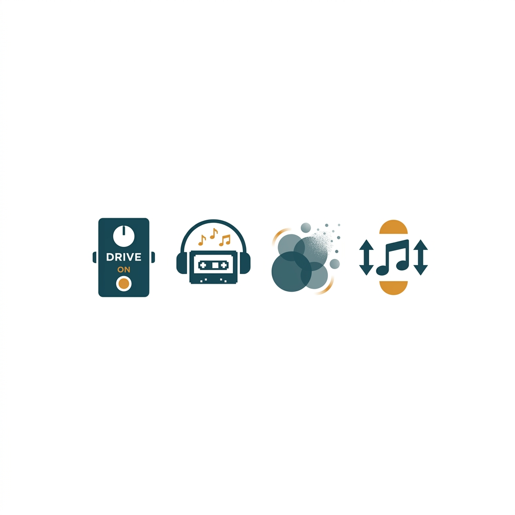 a row of small icons representing drive, lo-fi, diffusion, and pitch shifting effects
