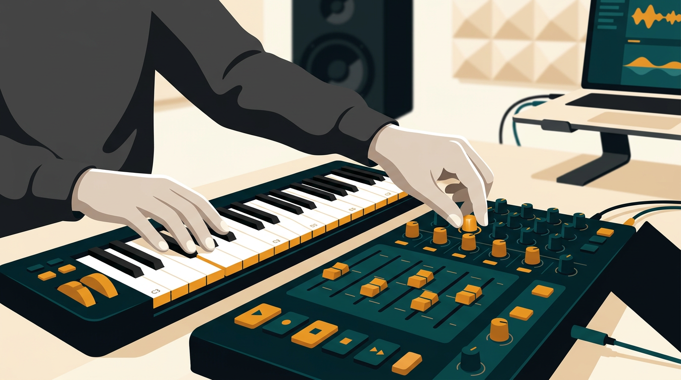 a close-up shot of a music producer's hands on a MIDI keyboard and mixing controller, with a soft-focus background of studio monitors and acoustic panels