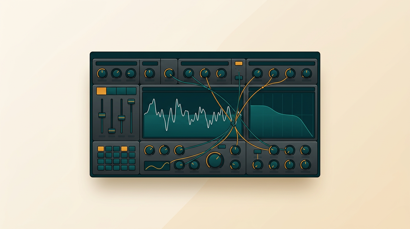 a sleek, dark user interface of a synthesizer plugin with colorful modulation lines connecting knobs and parameters, showing sound waves and filter curves