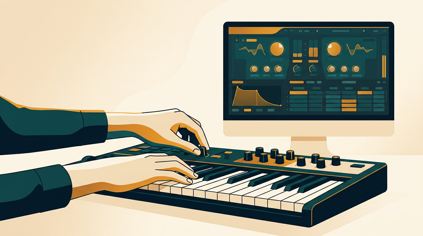a close-up shot of a music producer's hands on a MIDI keyboard, with a computer screen in the background showing the FabFilter Twin 3 interface
