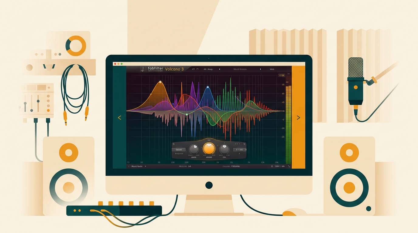 a detailed digital audio workstation interface on a monitor, showing the vibrant, colorful graph of the FabFilter Volcano 3 plugin actively modulating a sound wave, studio environment in the background