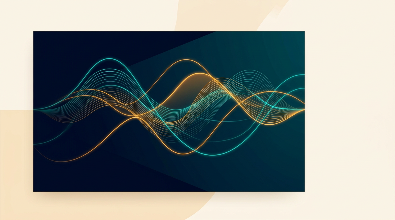 an abstract visualization of sound waves being sculpted and colored by multiple intersecting filter curves, glowing neon lines on a dark background