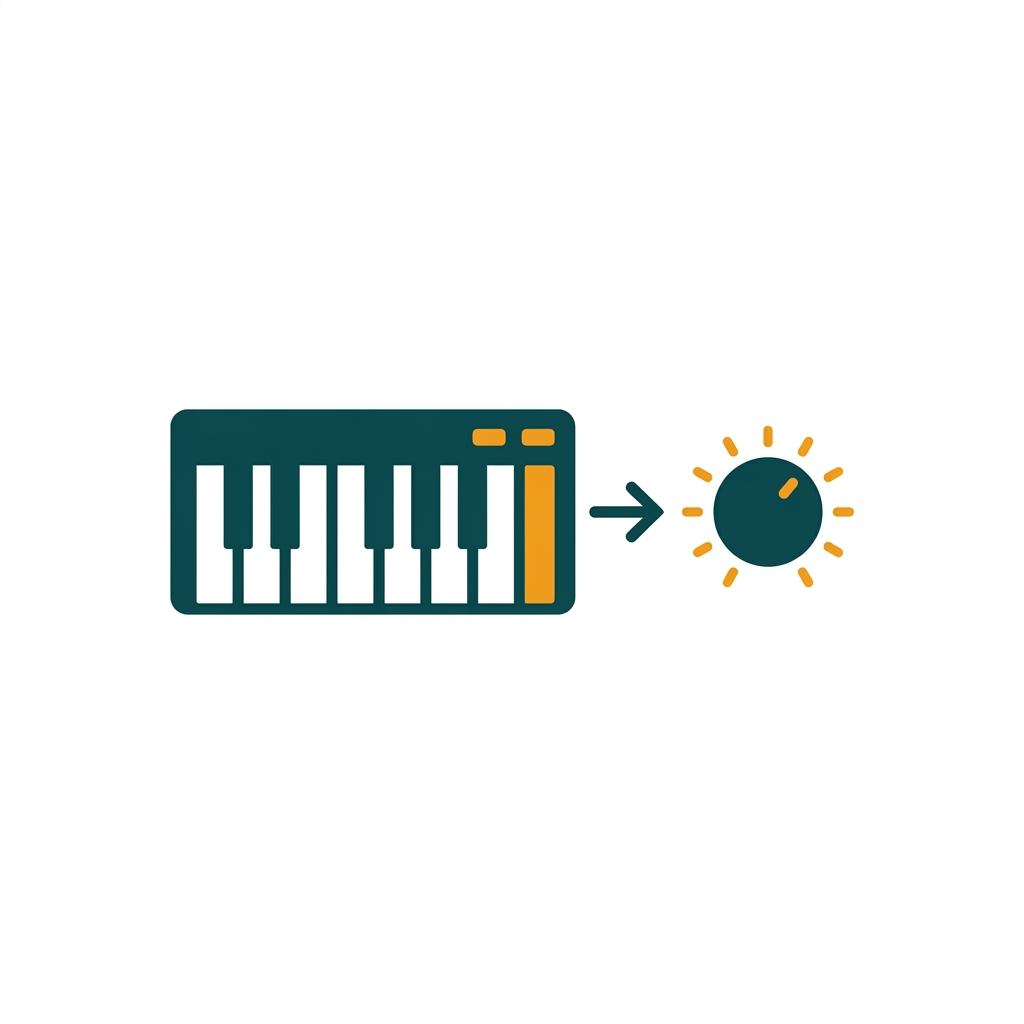 a simple MIDI keyboard icon connected with an arrow to a software knob