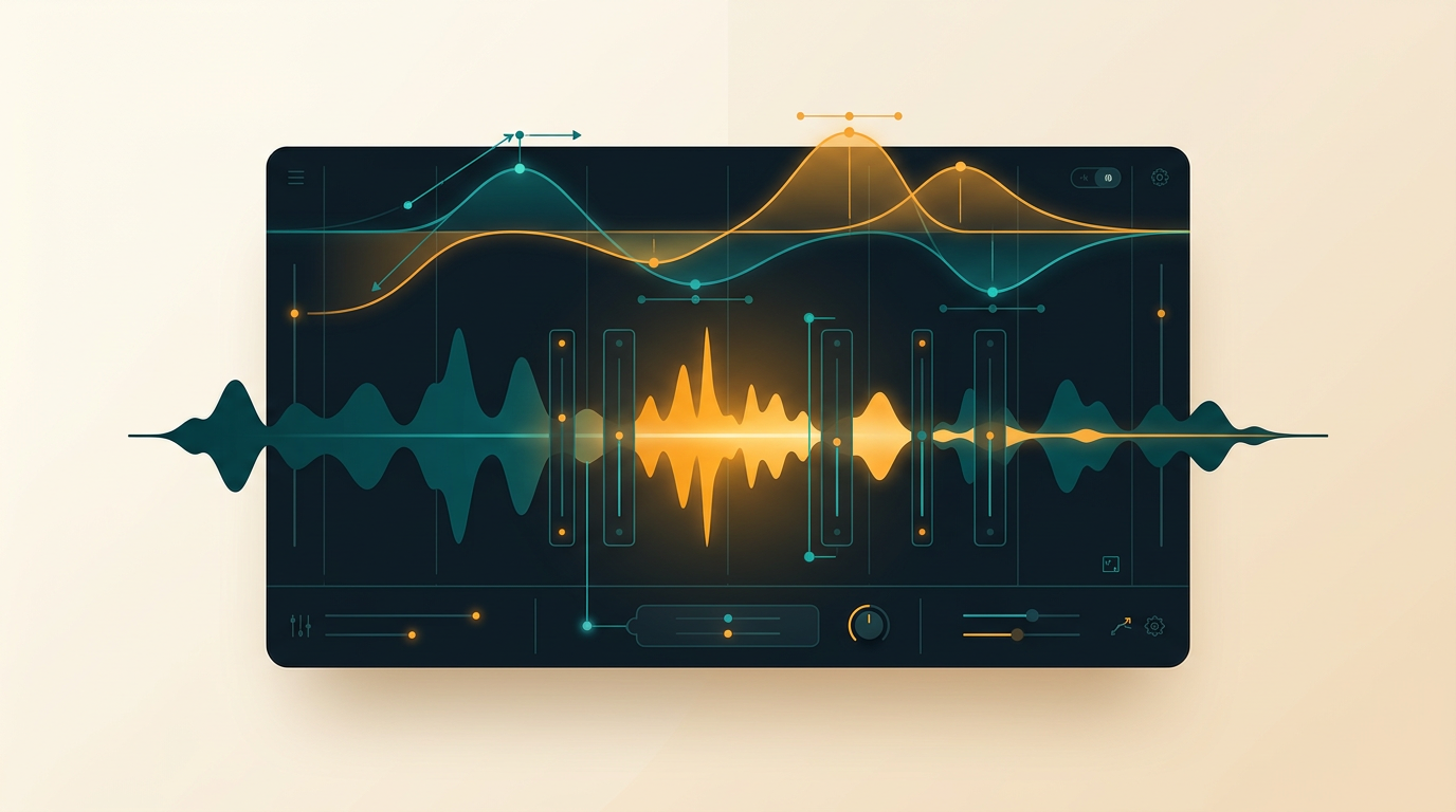 a clean, abstract visualization of a digital audio waveform being processed on a dark background, with glowing lines representing equalization curves