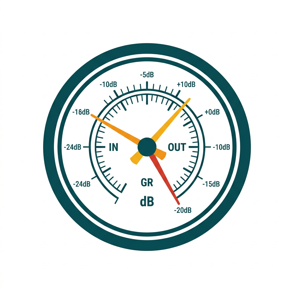 a circular compression meter with input, output, and gain reduction needles