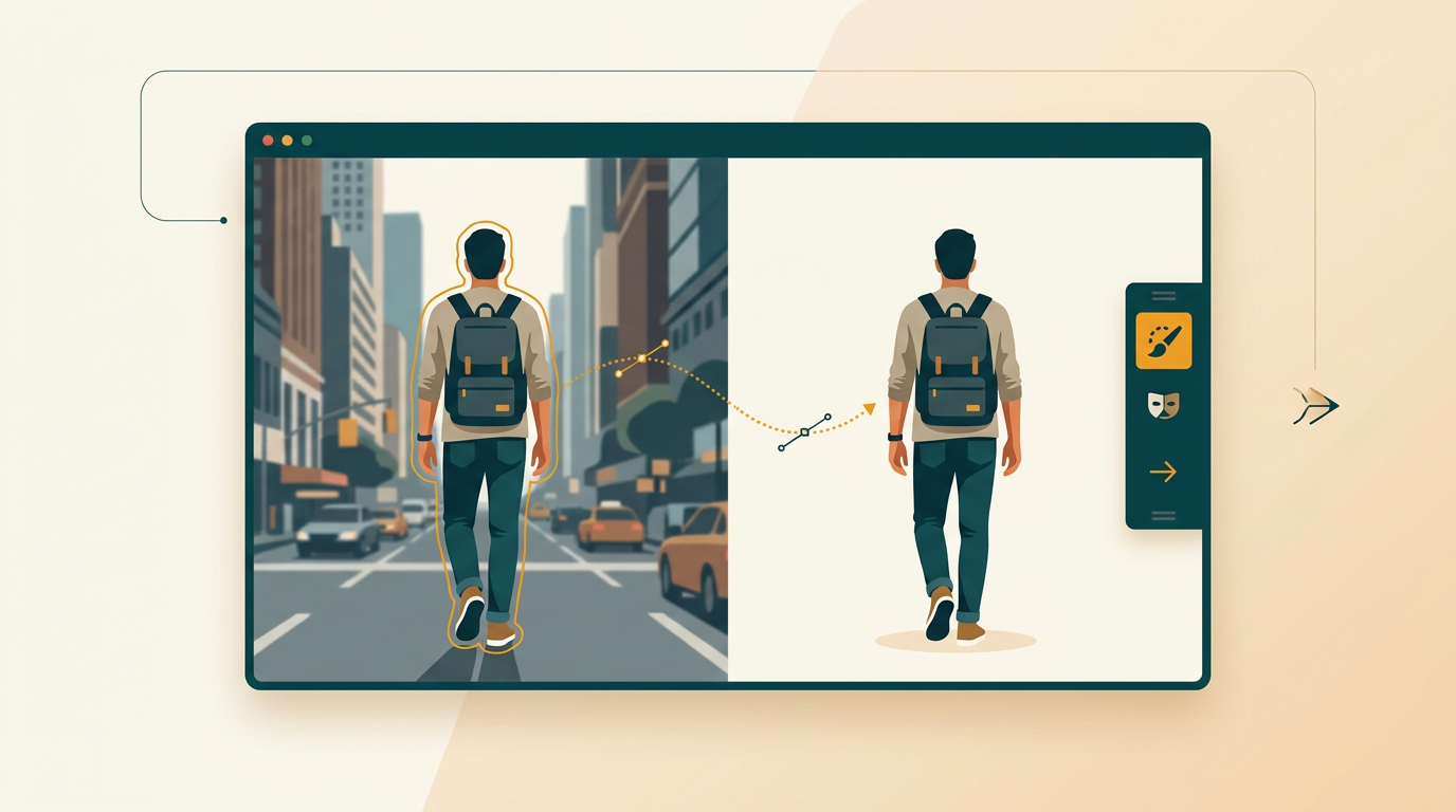 a digital photo editing screen showing a person being precisely cut out from a busy city background, with a clean, focused result on a plain backdrop