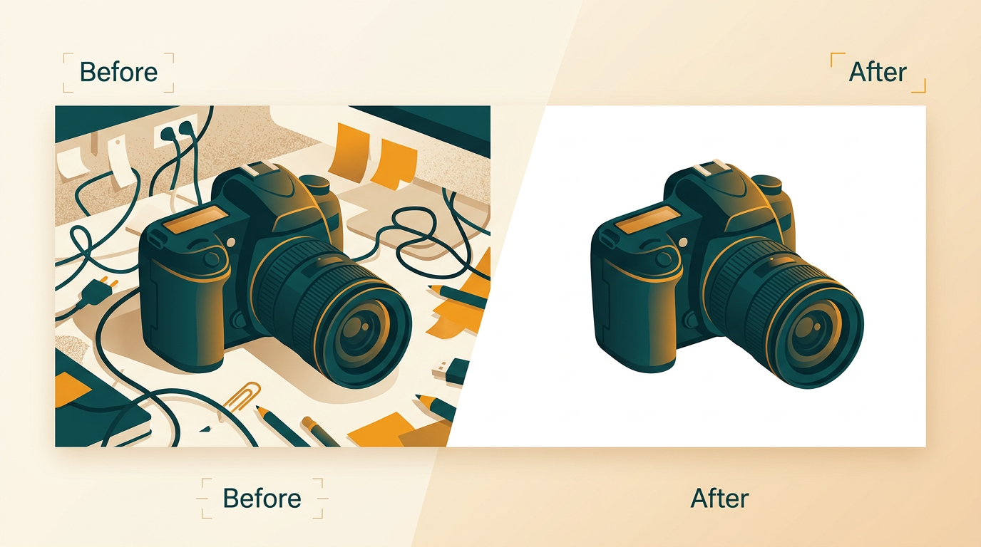 a split-screen before and after image, the 'before' shows a product photo with a cluttered background, the 'after' shows the same product perfectly isolated on a clean white background