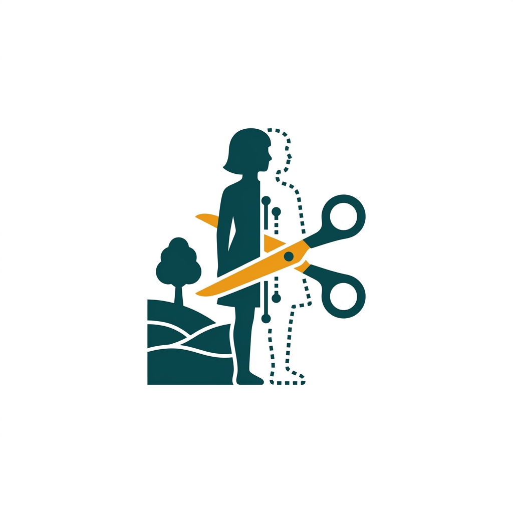 a pair of digital scissors icon cleanly cutting along the silhouette of a person standing in front of a landscape