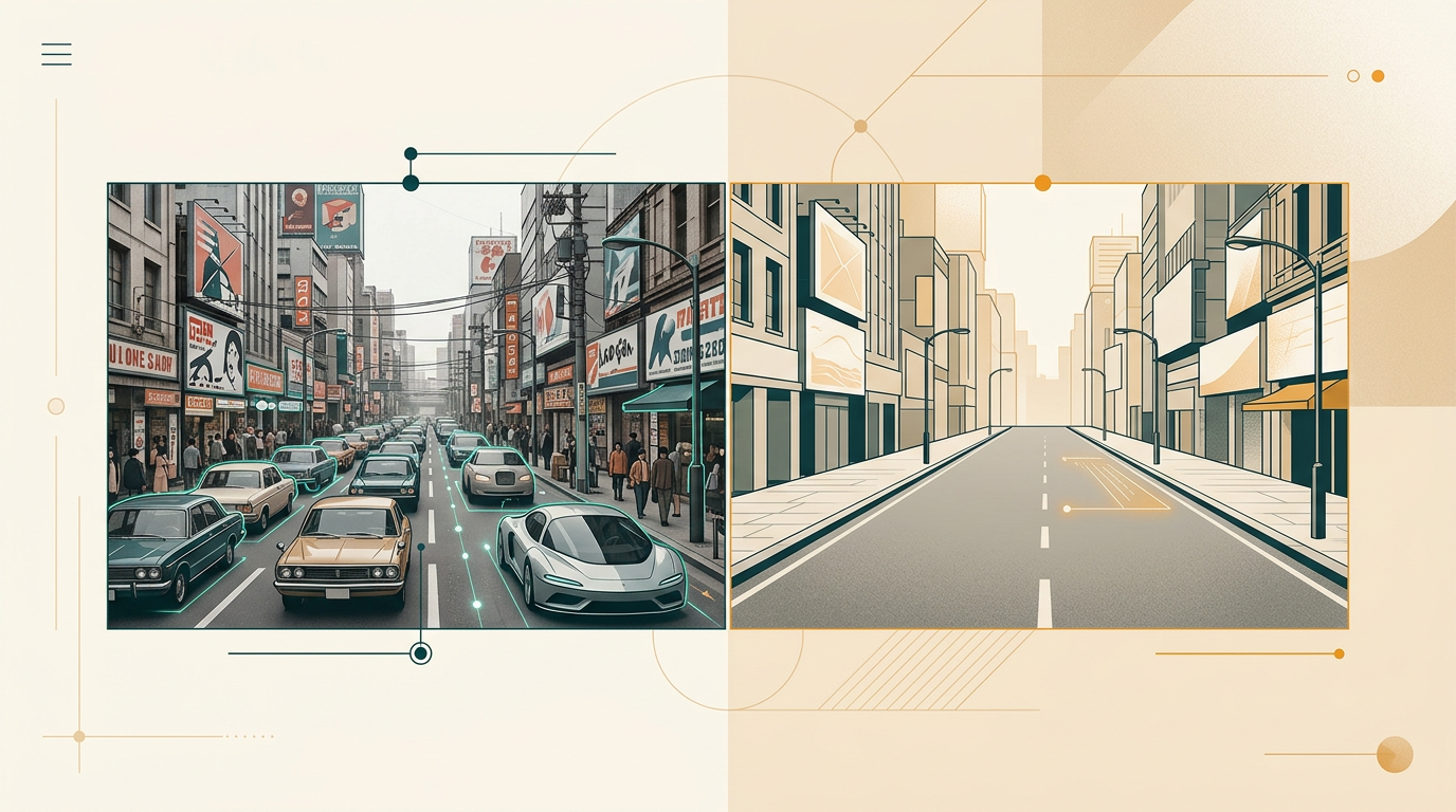 a split-screen comparison of a busy city street photo, one side original, the other side with cars and people magically erased, leaving a clean, empty street