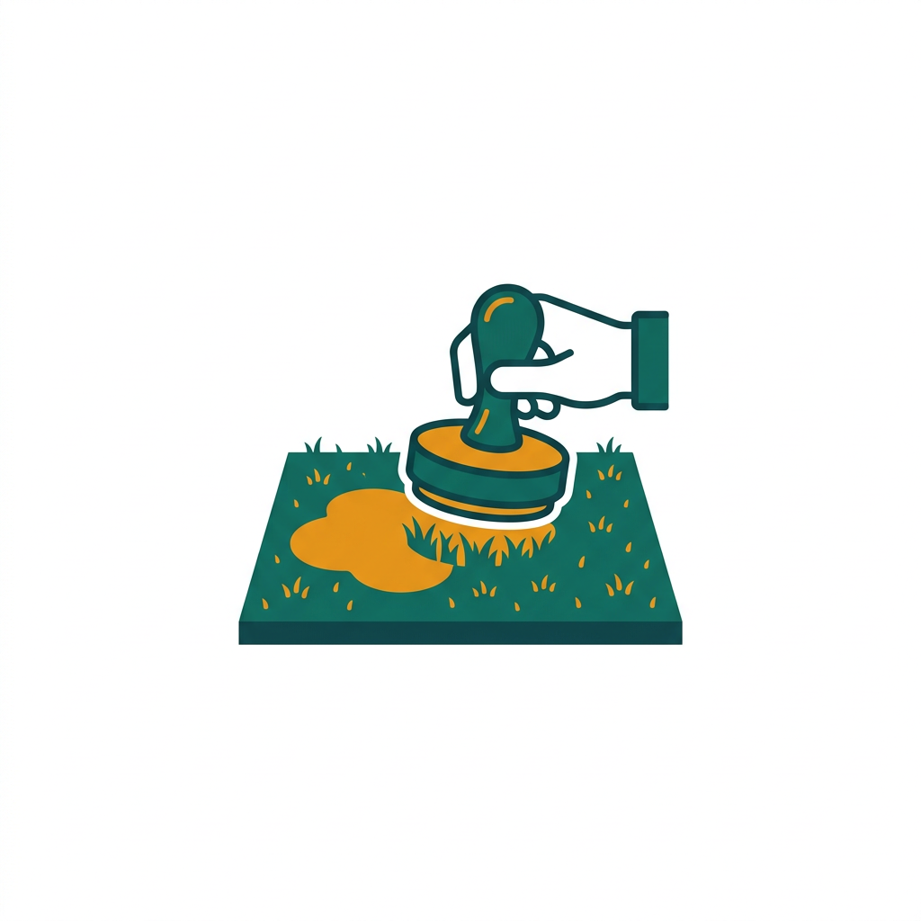 a rubber stamp tool cloning a patch of green grass to cover a brown spot on a lawn