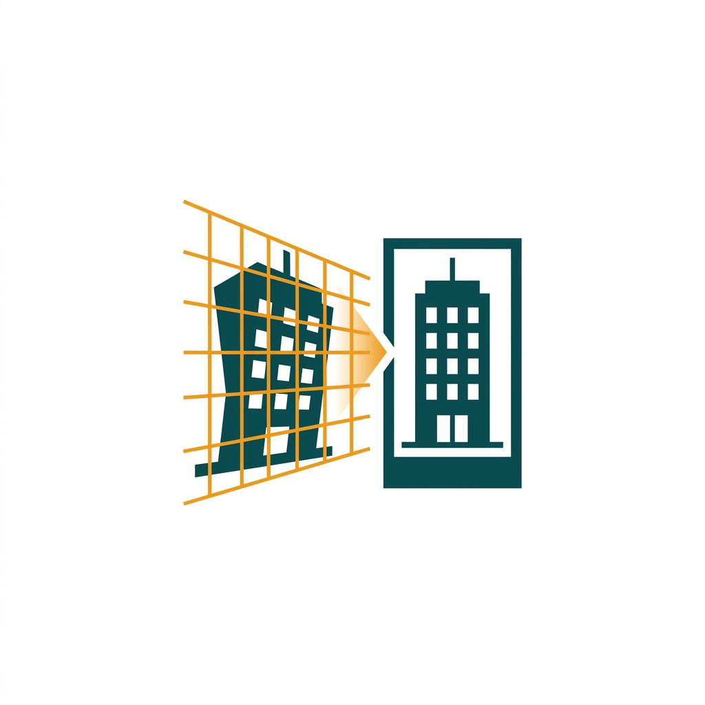 a photograph of a building with crooked lines being straightened by a perspective grid overlay