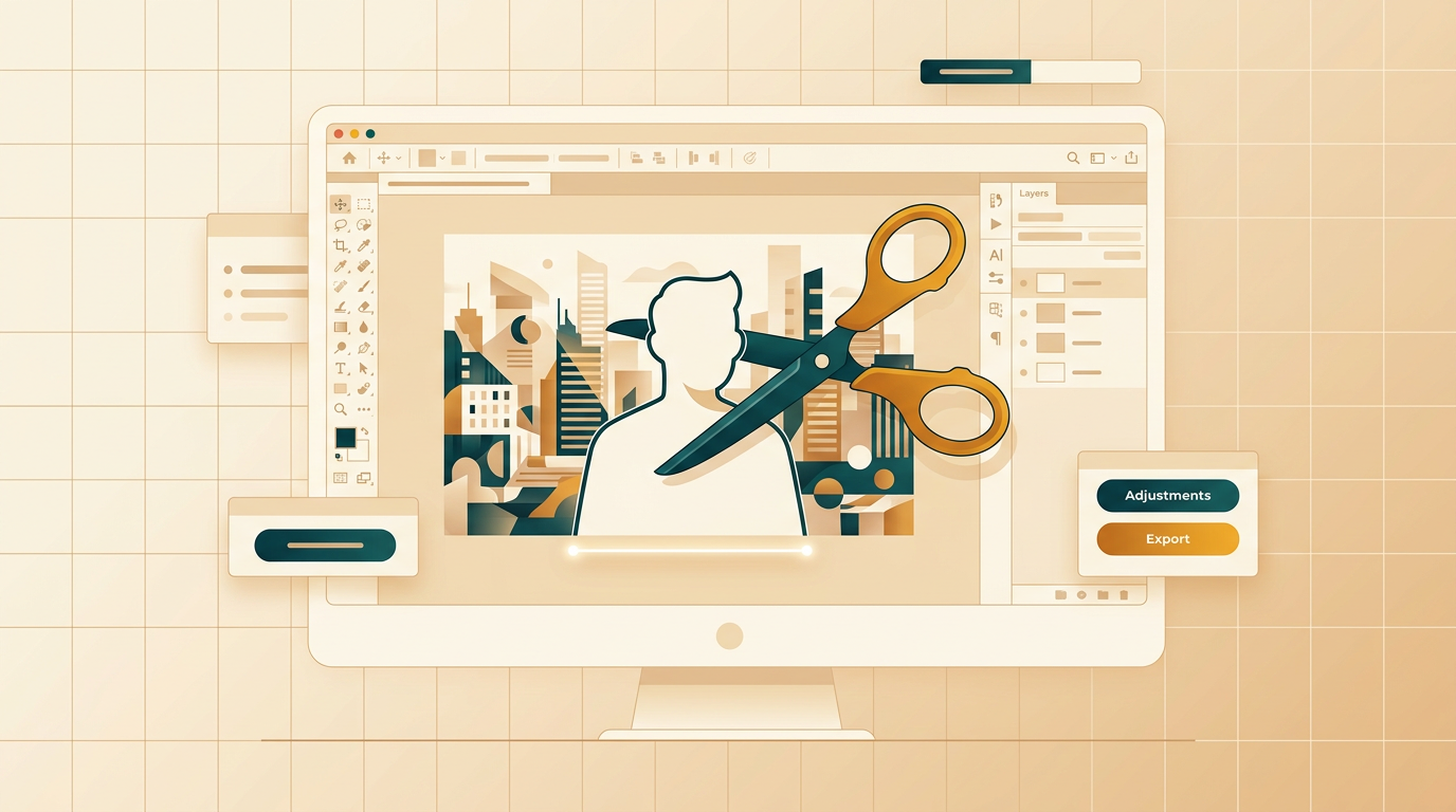 a clean user interface of a photo editing software on a desktop screen, showing a pair of digital scissors precisely cutting out a person from a busy city background