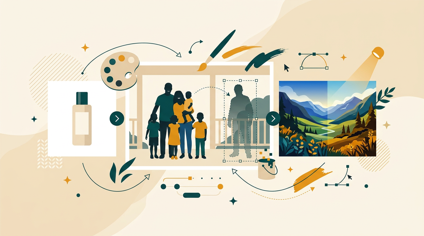 a digital collage showing multiple photo editing examples: a product on a white background, a family portrait with a removed stranger, and a landscape photo with enhanced colors