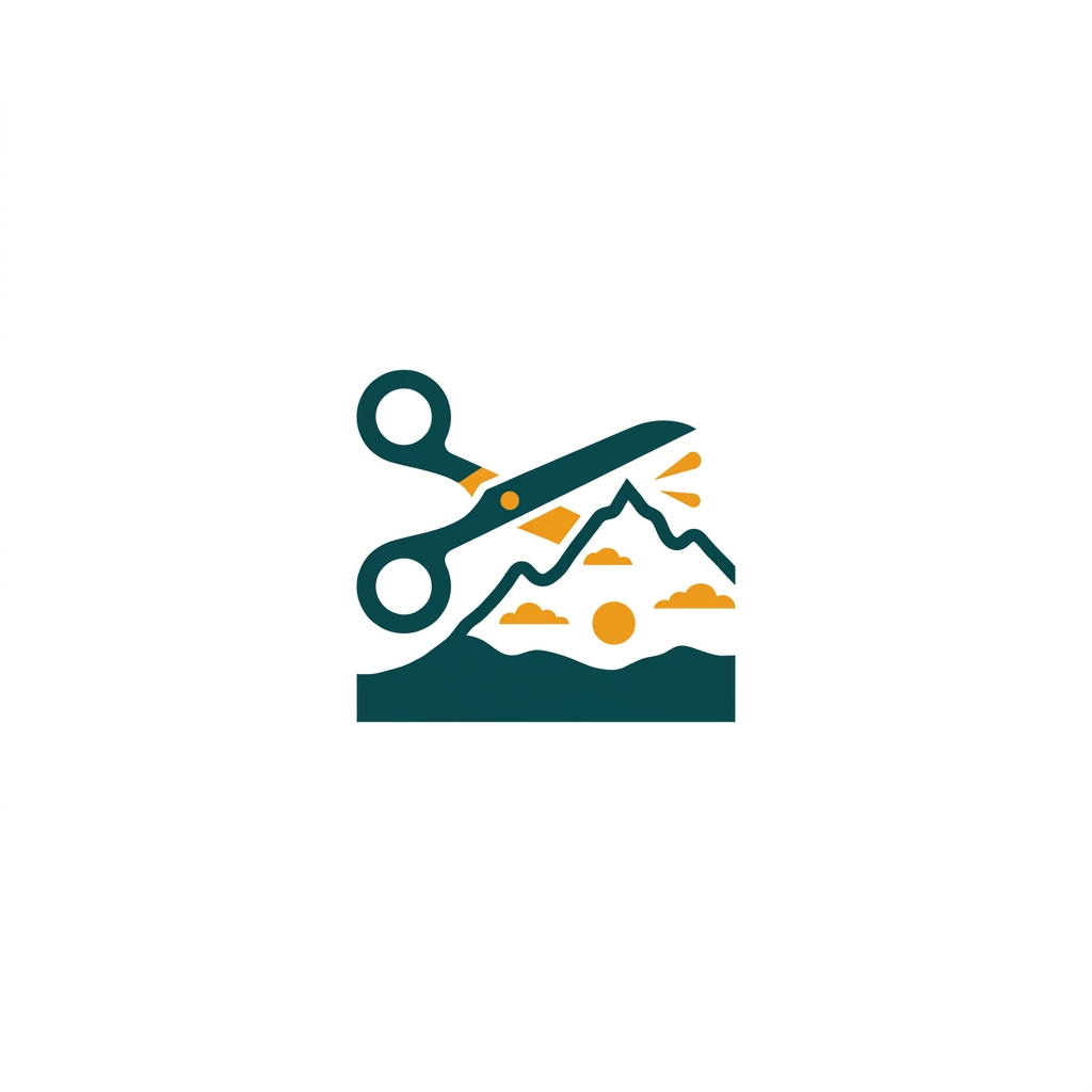 a digital scissor icon precisely cutting around the silhouette of a mountain against a sky background