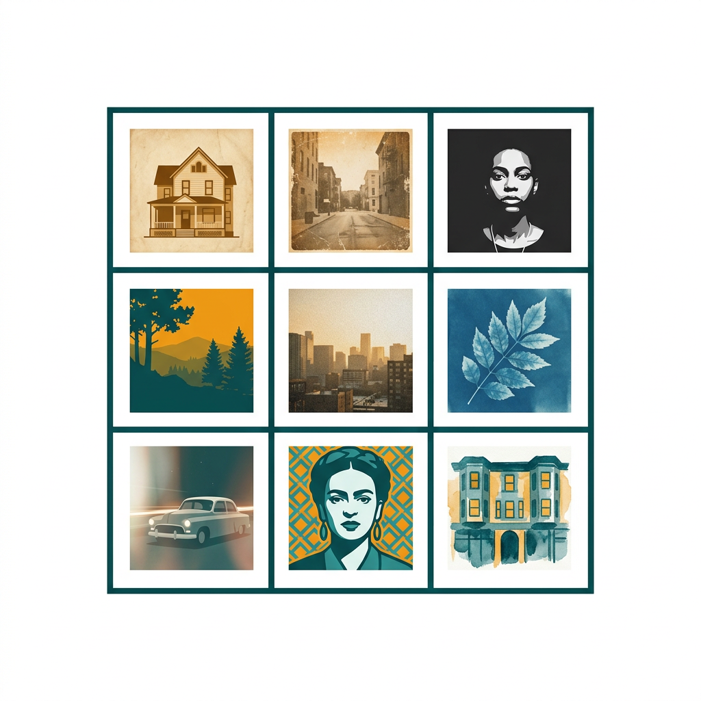 a grid of nine photo thumbnails, each showing a different artistic filter like sepia, vintage, and black-and-white