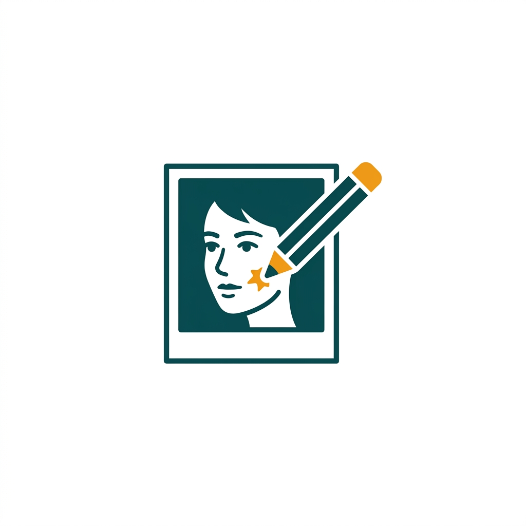 a pencil icon smoothly retouching a small blemish on a portrait photo, making the skin look flawless
