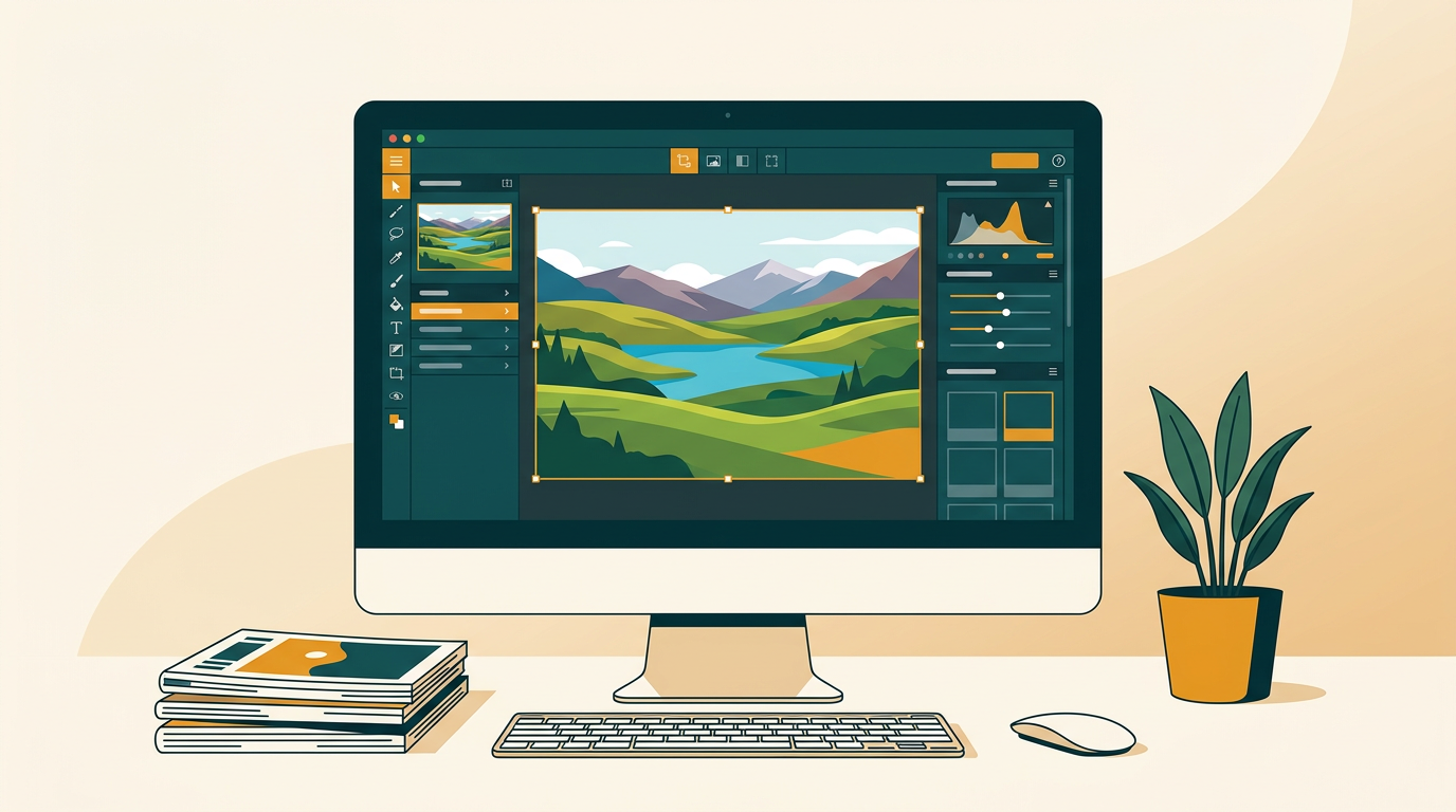 a clean, modern desktop workspace with a large monitor displaying the inpixio photo studio 10 ultimate interface editing a colorful landscape photo