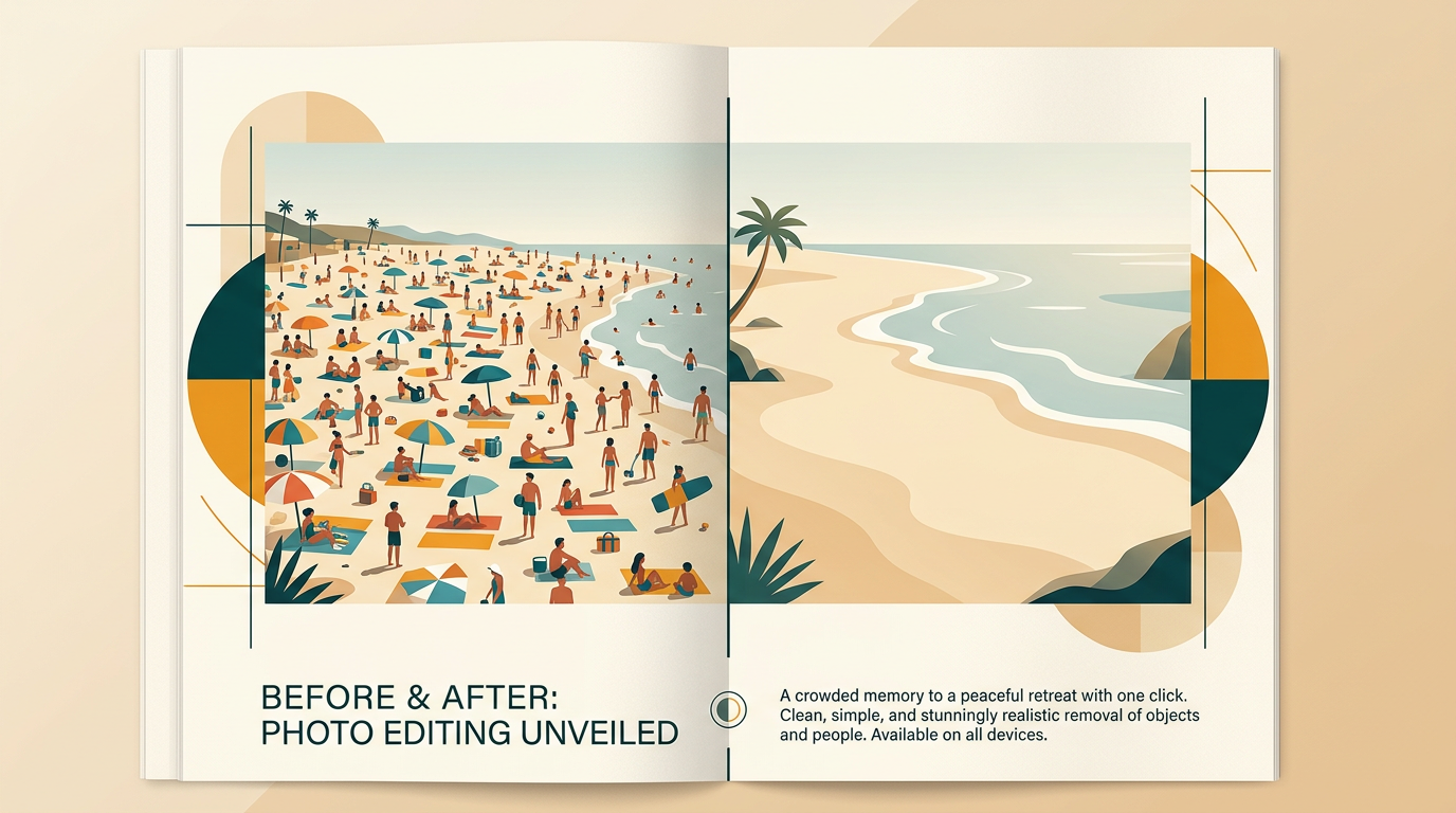 a split-screen image showing a before-and-after of a photo edit, on the left a crowded beach, on the right the same beach is empty and serene