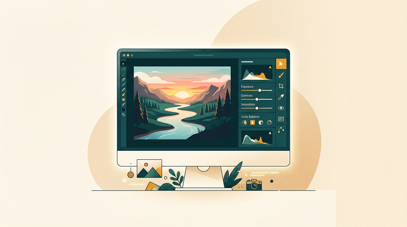 a clean, modern computer screen displaying a photo editing software interface with a landscape photo being enhanced, showing color correction sliders and tools