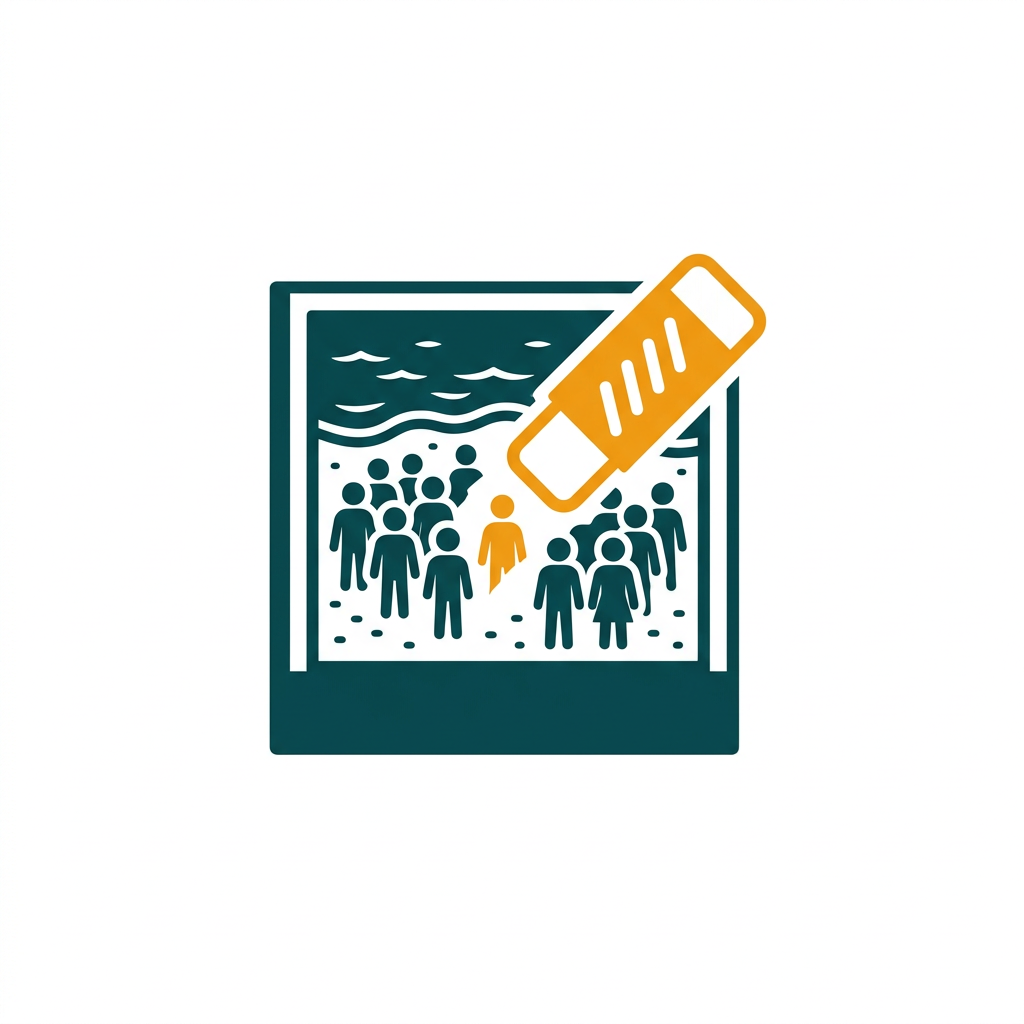 a digital eraser tool removing a person from a crowded beach photograph