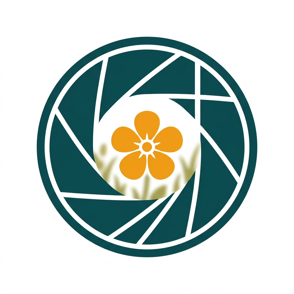 a camera lens aperture symbol focusing on a single flower in a field, creating a blurry background
