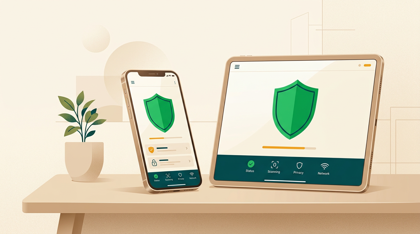 a modern smartphone displaying a clean security app interface with a large green shield icon, placed on a minimal desk next to a tablet showing the same app