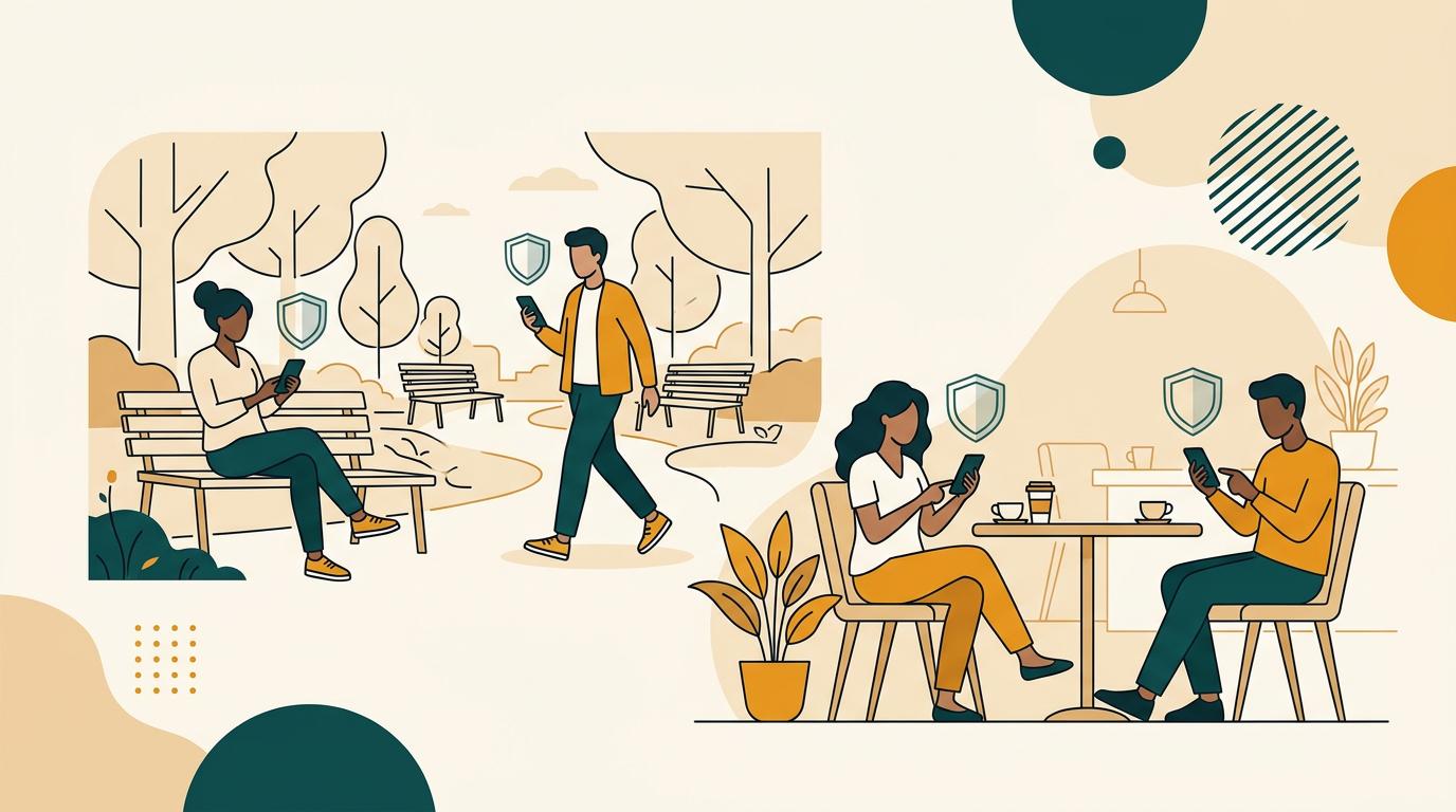 a diverse group of people using their smartphones confidently in public spaces like a park and a coffee shop, with subtle, transparent shield icons floating near each device