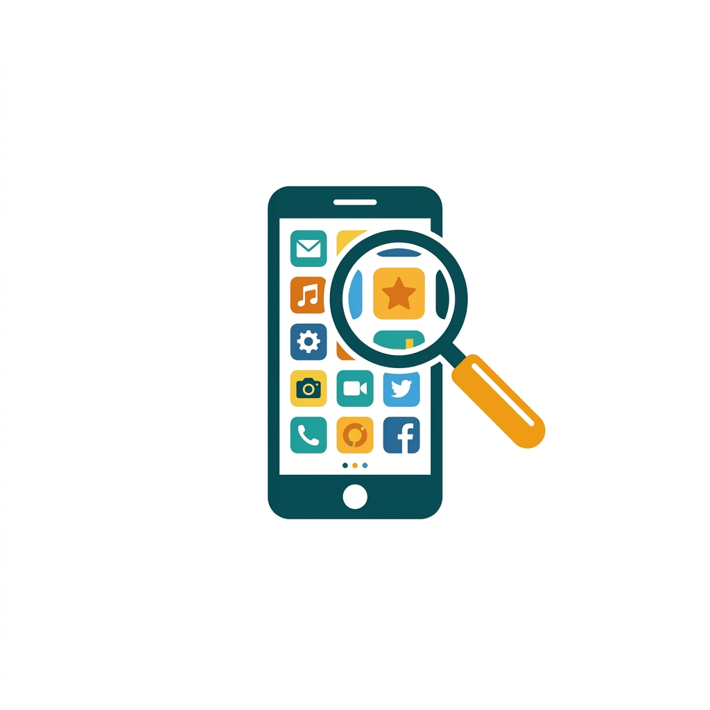 a magnifying glass scanning a grid of colorful mobile app icons on a phone screen