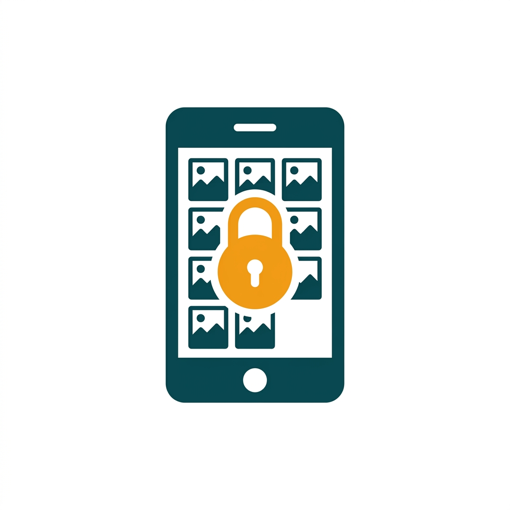 a smartphone with a padlock icon overlaying a photo gallery app
