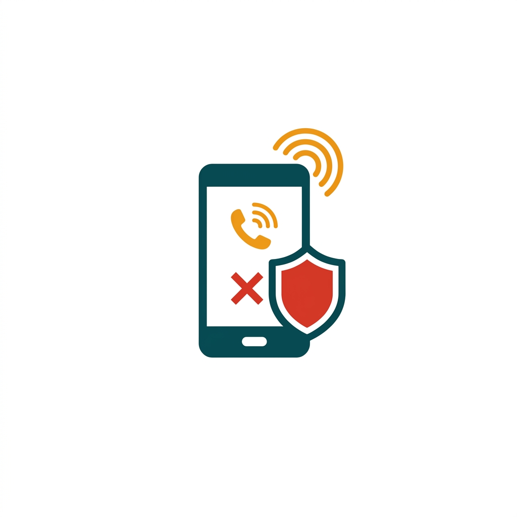 a mobile phone icon with an incoming call from an unknown number being blocked by a red shield