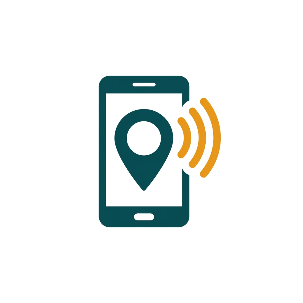 a smartphone with a large location pin icon and radiating signal waves