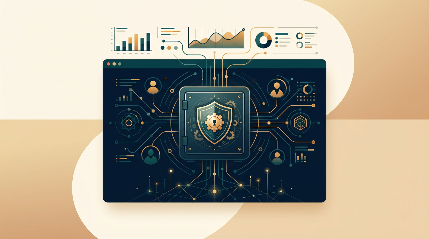 a sleek and modern digital interface showing a locked vault icon, with abstract lines representing data security, on a dark blue background
