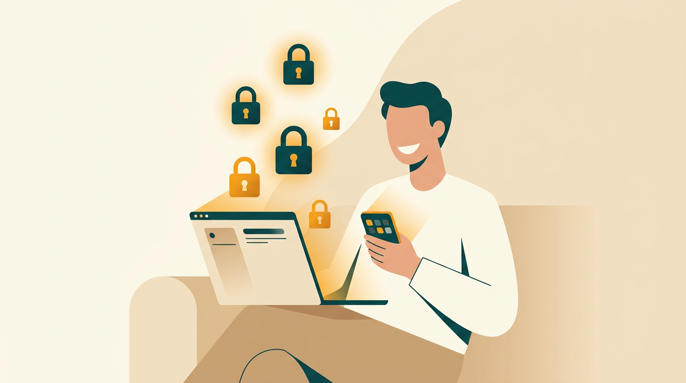 a person smiling while using a laptop and a smartphone simultaneously, with padlock icons floating around them, symbolizing digital security and convenience