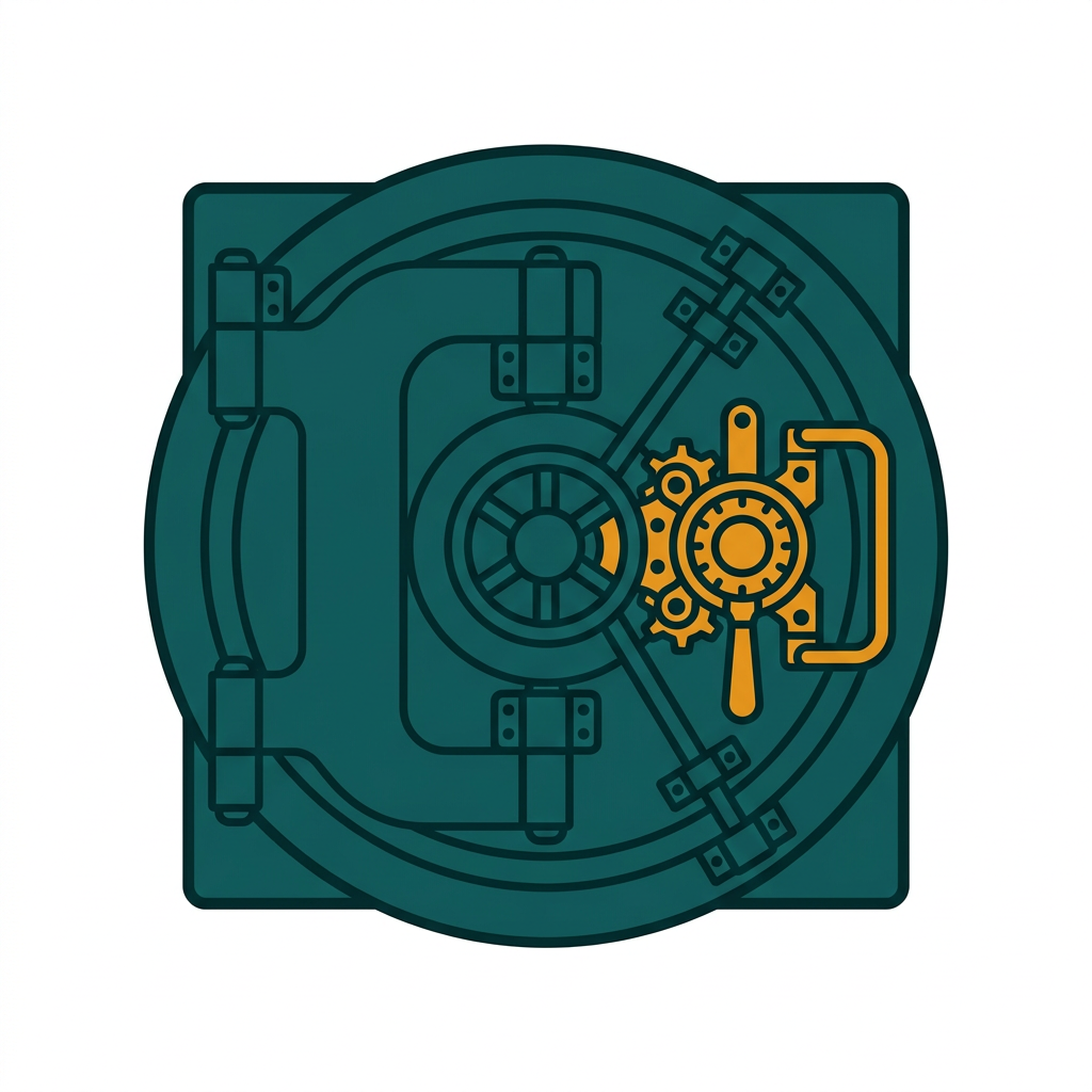 a solid steel bank vault door with a complex locking mechanism