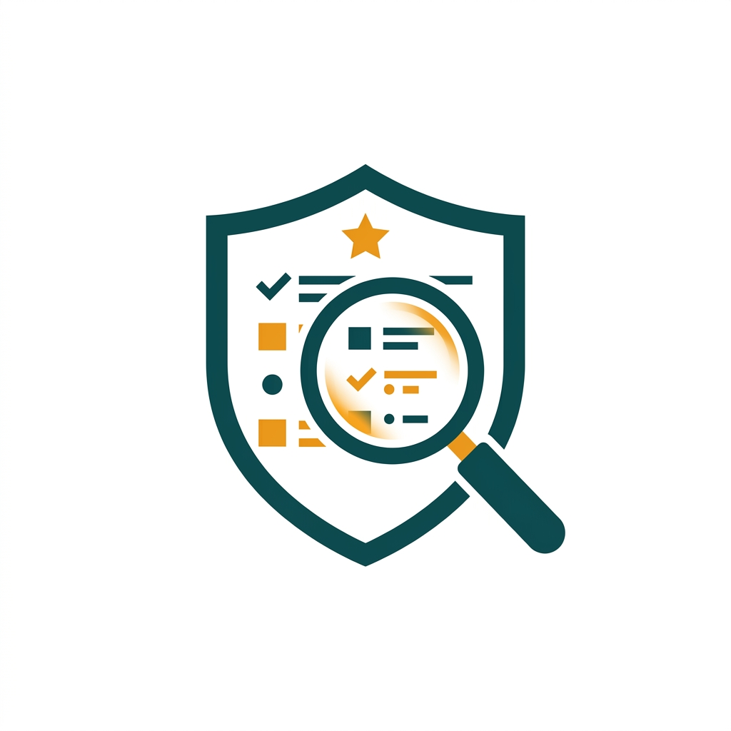 a shield icon with a magnifying glass over it, scanning a list of items