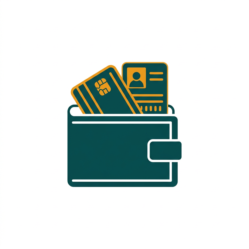 a minimalist icon of a wallet containing a credit card and an ID card